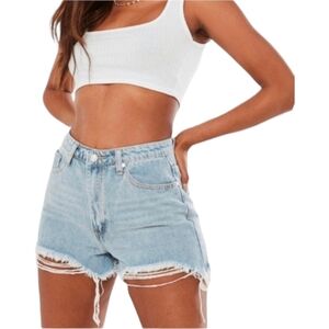 NEW Misguided Denim Extreme Rip Hem High Waist Light Wash Shorts Size 8